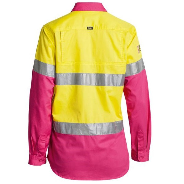Yellow/pink, Bisley BL6696T Womens 3M Taped HiVis Cool Lightweight Shirt, rear view