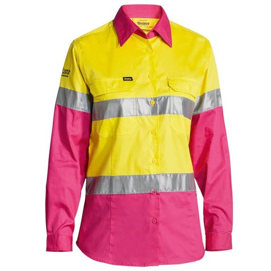 Ladies yellow/pink,  high-visibility long-sleeve work shirt, front view,  Bisley BL6696T Womens 3M Taped HiVis Cool Lightweight Shirt