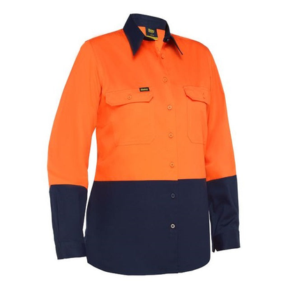 Orange/navy, colour block, two chest pockets, Bisley BL6895 Womens Cool Lightweight Hi Vis Drill Shirt, front view