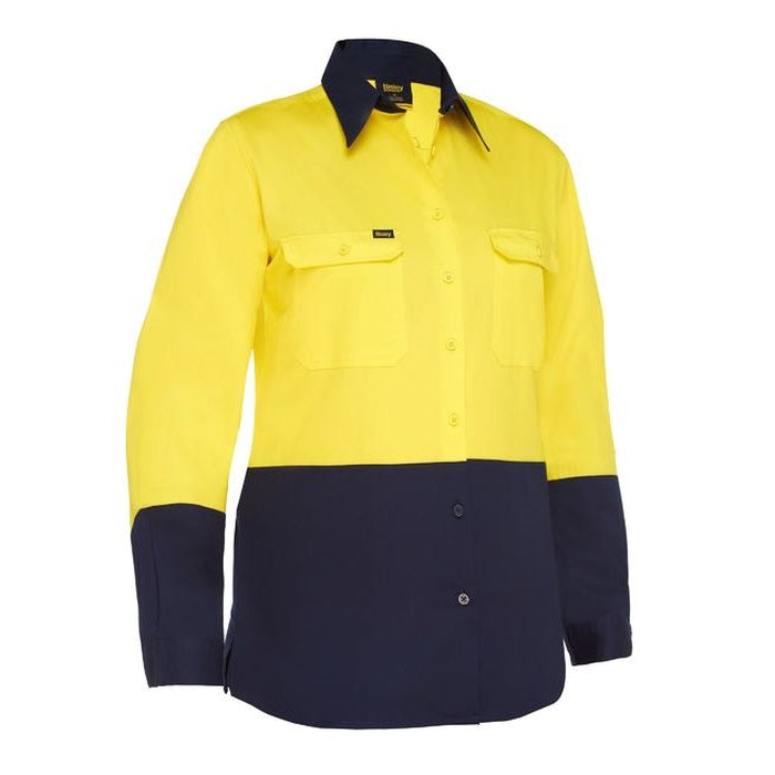 Long sleeve Yellow/navy, high visibility, Bisley BL6895 Womens Cool Lightweight Hi Vis Drill Shirt, front view