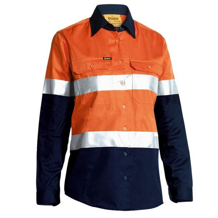 Orange/navy, Reflective tape, front view, Bisley BL6896 Ladies HiVis Cool Lightweight Shirt With Tape