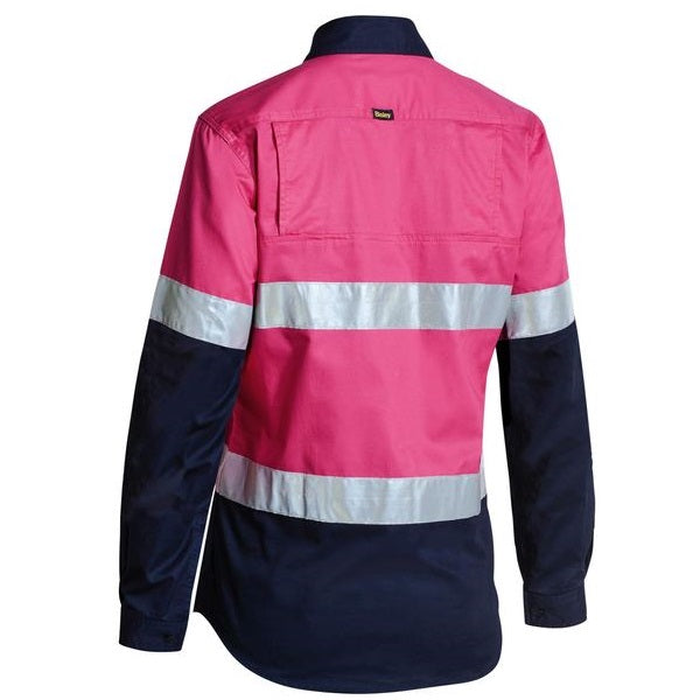 Pink/navy, rear view, Bisley BL6896 Ladies HiVis Cool Lightweight Shirt With Tape