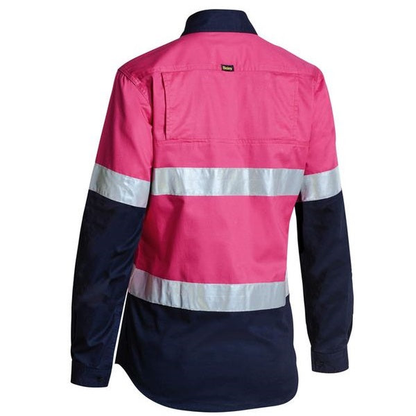 Pink/navy, rear view, Bisley BL6896 Ladies HiVis Cool Lightweight Shirt With Tape