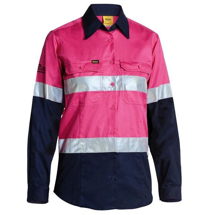Pink/navy, two chest pockets, Bisley BL6896 Ladies HiVis Cool Lightweight Shirt With Tape, front view