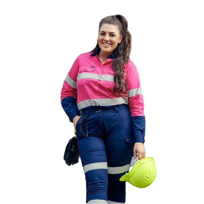 Model view, pink/navy, Bisley BL6896 Ladies HiVis Cool Lightweight Shirt With Tape