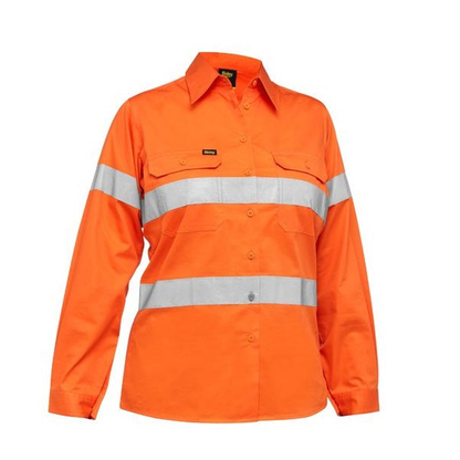 Orange high-visibility long-sleeve work shirt with reflective tape, pre shrunk cotton drill, Bisley BL6897 Womens Taped HiVis Cool Lightweight Drill Shirt, front view