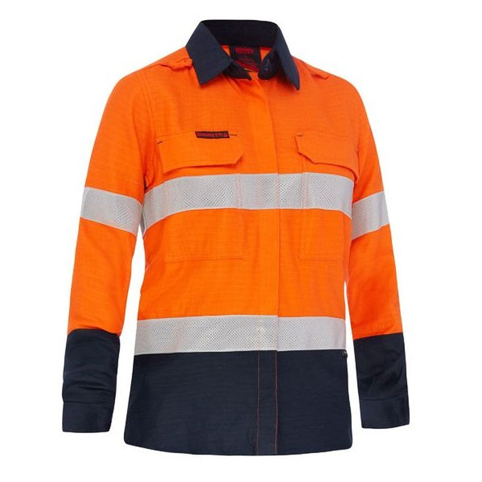 Orange/navy high-visibility work shirt with reflective tape, front view, Bisley BL8338T Apex 160 Womens Taped HiVis FR Ripstop Vented Shirt