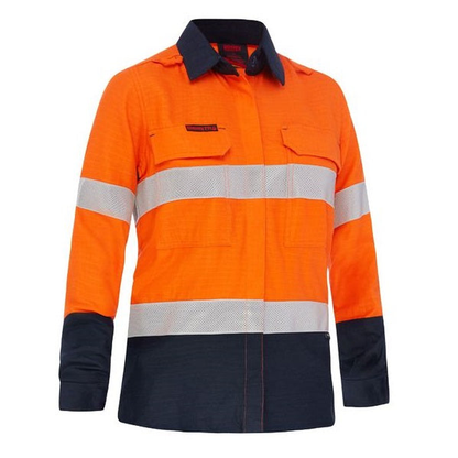 Orange/navy high-visibility work shirt with reflective tape, front view, Bisley BL8338T Apex 160 Womens Taped HiVis FR Ripstop Vented Shirt