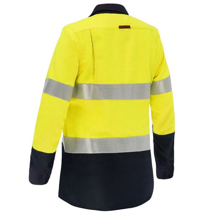 Bisley BL8338T Apex 160 Womens Taped HiVis FR Ripstop Vented Shirt, yellow/navy rear view