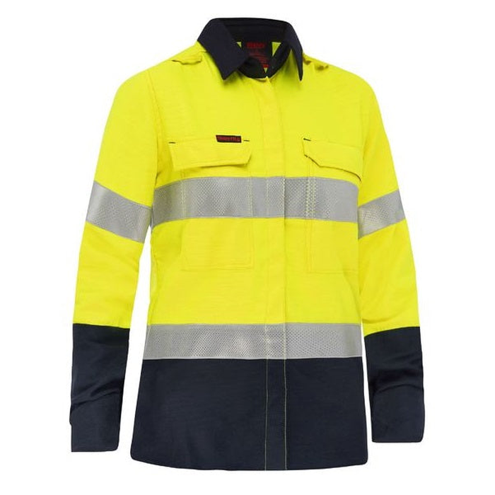 High-visibility work shirt jacket in neon yellow with dark navy blue Bisley BL8338T Apex 160 Womens Taped HiVis FR Ripstop Vented Shirt, front view