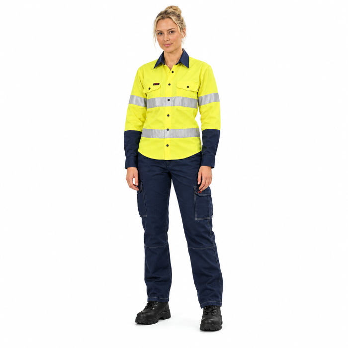 model view, yellow/navy, Bisley BL8338T Apex 160 Womens Taped HiVis FR Ripstop Vented Shirt
