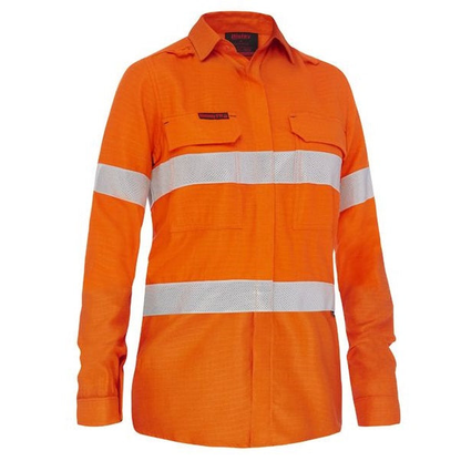 Flame resistant, hi visability orange, Bisley BL8339T Apex 160 Womens Taped HiVis FR Ripstop Vented Shirt, front view, womens specific fit