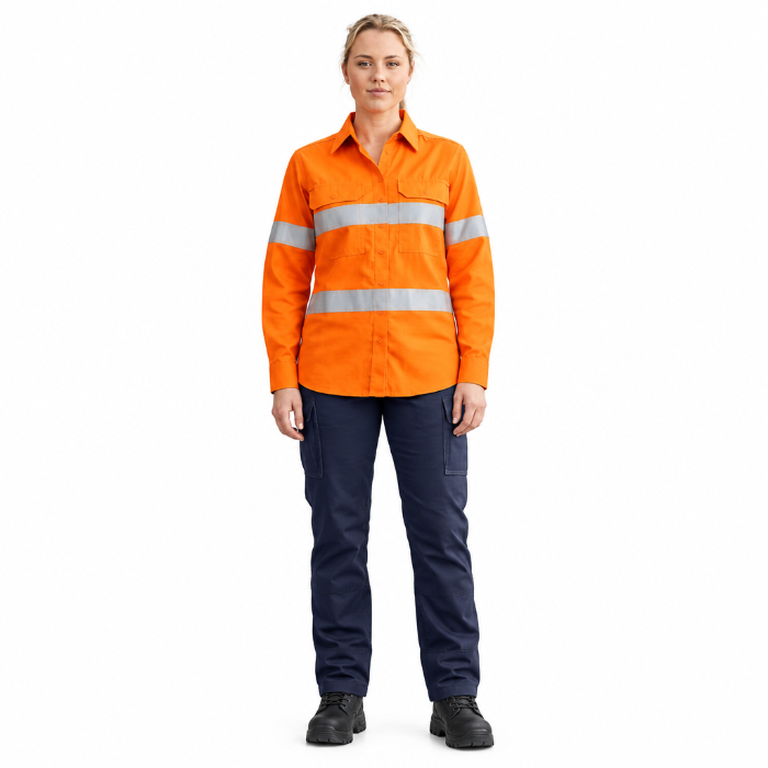 orange, front view, Bisley BL8339T Apex 160 Womens Taped HiVis FR Ripstop Vented Shirt