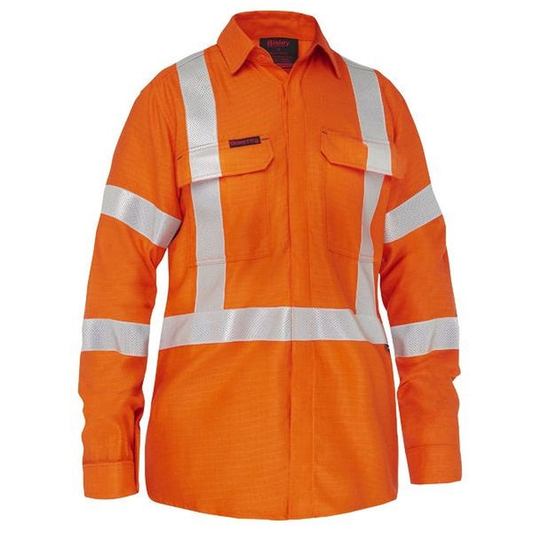Orange hi visability, flame resistant, womens specific fit, Bisley BL8439XT Apex 185 Womens X Taped HiVis Ripstop FR Vented Shirt, front view