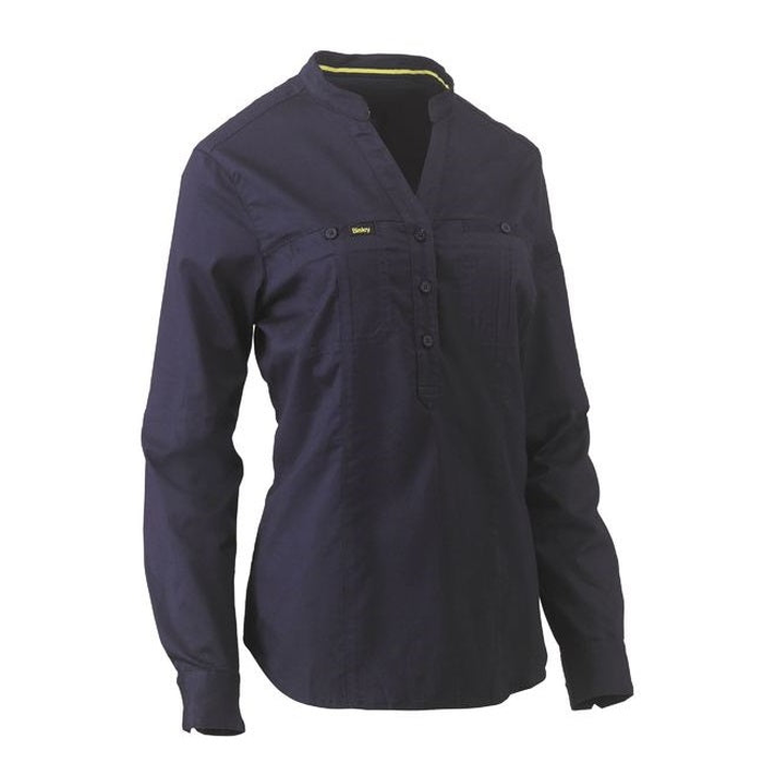 Navy, half placard, long sleeve, premium fabric, front view, Bisley BLC6063 Womens Stretch V-Neck Closed Front Shirt