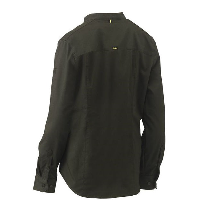 Olive green, rear view, Bisley BLC6063 Womens Stretch V-Neck Closed Front Shirt