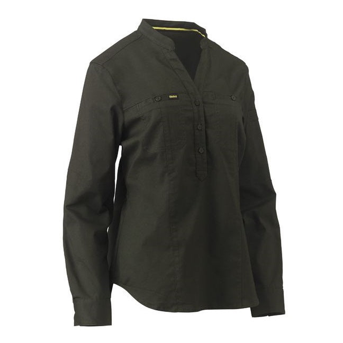 Stylish olive, front view, double chest pockets, Bisley BLC6063 Womens Stretch V-Neck Closed Front Shirt