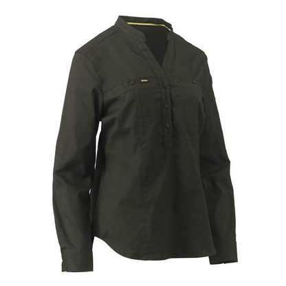 Stylish olive, front view, double chest pockets, Bisley BLC6063 Womens Stretch V-Neck Closed Front Shirt