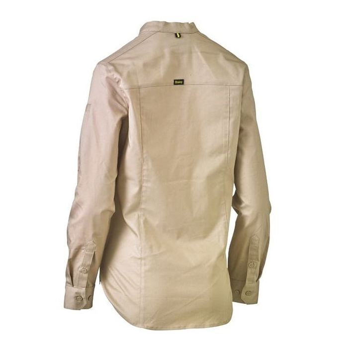Khaki, rear view, Bisley BLC6063 Womens Stretch V-Neck Closed Front Shirt