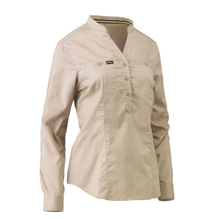Women's long-sleeve button-front shirtBisley BLC6063 Womens Stretch V-Neck Closed Front Shirt,