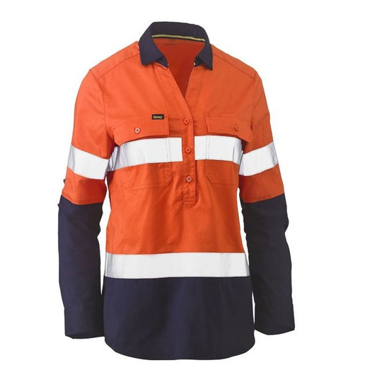 Orange/navy, half button placard, front view, Bisley BLC6064T Womens Taped HiVis Stretch V-Neck Shirt