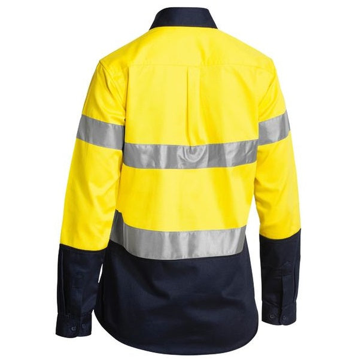 Yellow/navy, rear view, pre shrunk, Bisley BLT6456 2-Tone Womens HiVis Drill 3M Reflective Tape Long Sleeve Shirt