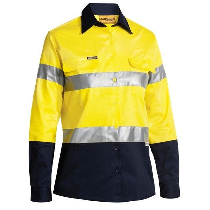 Bisley BLT6456 2-Tone Womens HiVis Drill 3M Reflective Tape Long Sleeve Shirt, yellow/navy, front view
