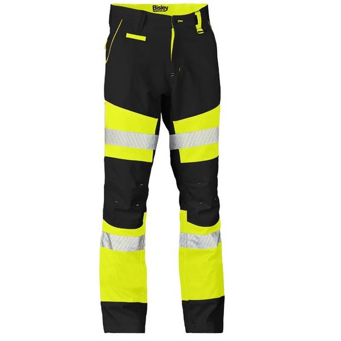 Black with fluro yellow High visbility, multiple utility pockets, Bisley BP6412T Taped Biomotion 2-Tone Pants, front view