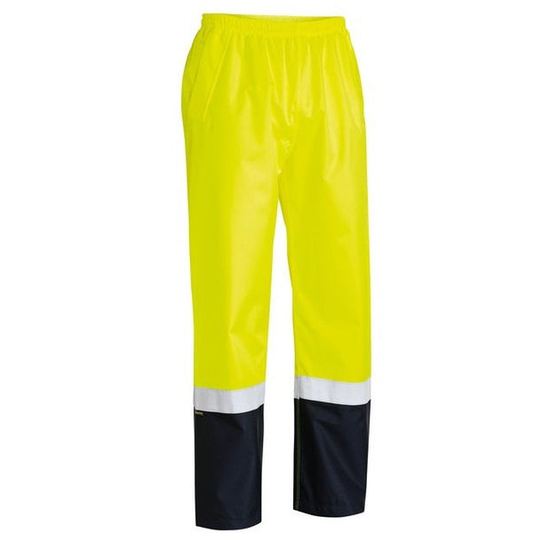 High visibility, yellow/navy, elastic waist, front view, Bisley BP6965T Taped 2-Tone HiVis Shell Rain Pants