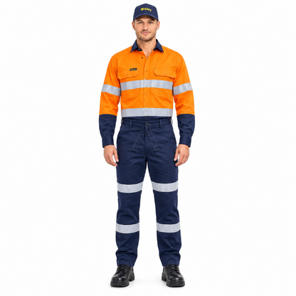 model view, orange/navy, front view, Bisley BP8580T Apex 240 Biomotion Taped FR Ripstop Pants