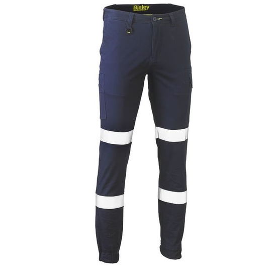 Navy blue high-visibility mid rise , modern fit, tapered leg, Bisley BPC6028T Taped Biomotion Stretch Cotton Drill Cargo Pants, mens, front view