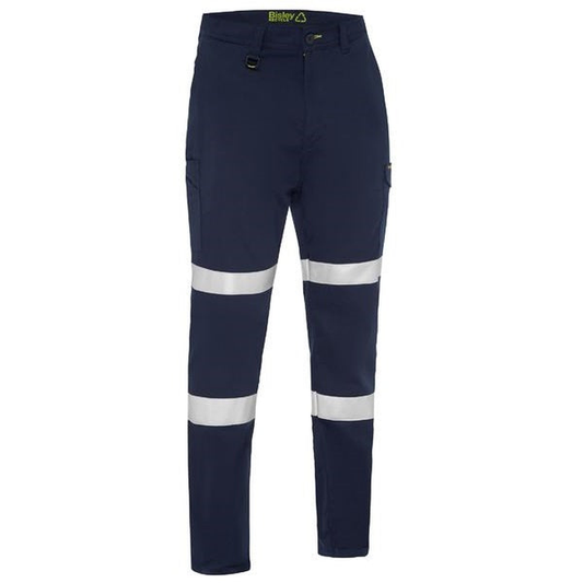 Navy blue high-visibility work pants with reflective tape, Bisley BPC6088T Taped Biomotion Recycled Cargo Work Pants, classic worksite workwear, front view