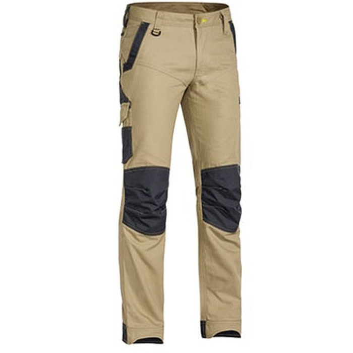 Work pants in khaki with black knee reinforcements, Bisley BPC6130 Flex and Move Stretch Pants, front view