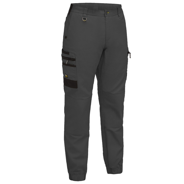 Mens charcoal coloured, Bisley BPC6237 Flx & Move™ Elastic Waist Cargo Cuffed Pants, front view, modern fit