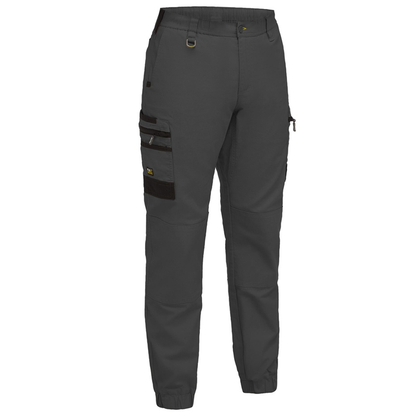 Mens charcoal coloured, Bisley BPC6237 Flx & Move™ Elastic Waist Cargo Cuffed Pants, front view, modern fit