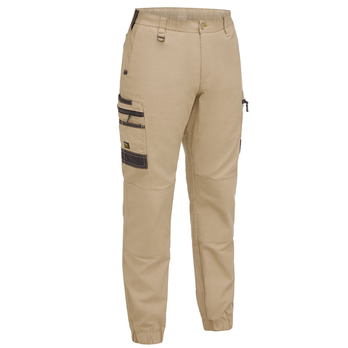 Bisley BPC6237 Flx & Move™ Elastic Waist Cargo Cuffed Pants, mens, front view, stone coloured, premium fabric