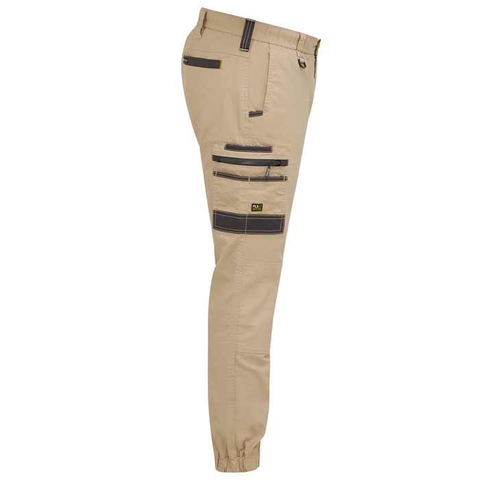 Bisley BPC6237 Flx & Move™ Elastic Waist Cargo Cuffed Pants, stone coloured, side view, multiple utility pockets