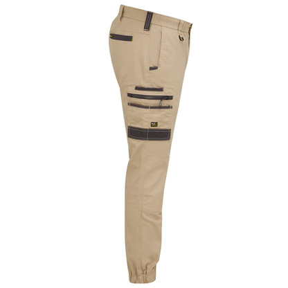 Bisley BPC6237 Flx & Move™ Elastic Waist Cargo Cuffed Pants, stone coloured, side view, multiple utility pockets