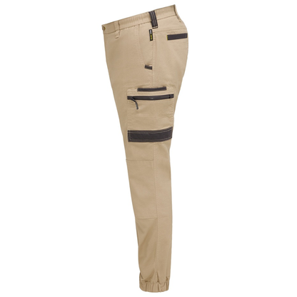 Bisley BPC6237 Flx & Move™ Elastic Waist Cargo Cuffed Pants, alternative side view, stone coloured, zip pockets