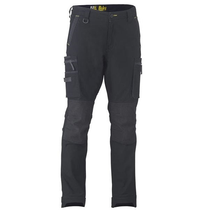 Black heavy-duty work pants with reinforced knee panels and multiple utility cargo pockets, Bisley BPC6330 Flex and Move Stretch Utility Zip Cargo Pants, front view