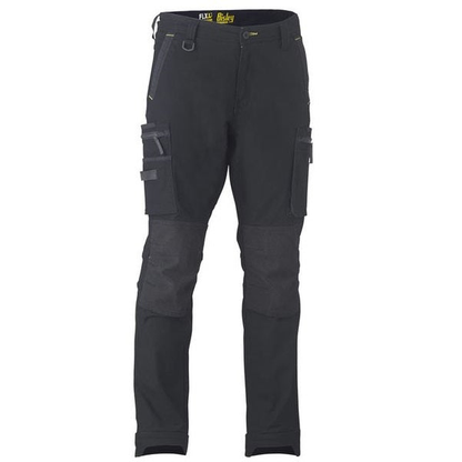 Black heavy-duty work pants with reinforced knee panels and multiple utility cargo pockets, Bisley BPC6330 Flex and Move Stretch Utility Zip Cargo Pants, front view