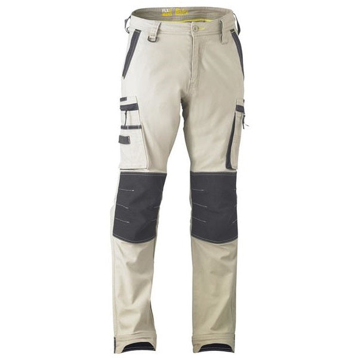 Bisley BPC6330 Flex and Move Stretch Utility Zip Cargo Pants, stone coloured, knee patches, front view