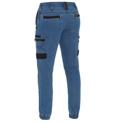 Bisley BPC6335 Flex and Move Stretch Cargo Cuffed Pants, rear view, light blue denim