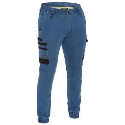 Light blue denim, front view, multiple utility pockets, Bisley BPC6335 Flex and Move Stretch Cargo Cuffed Pants
