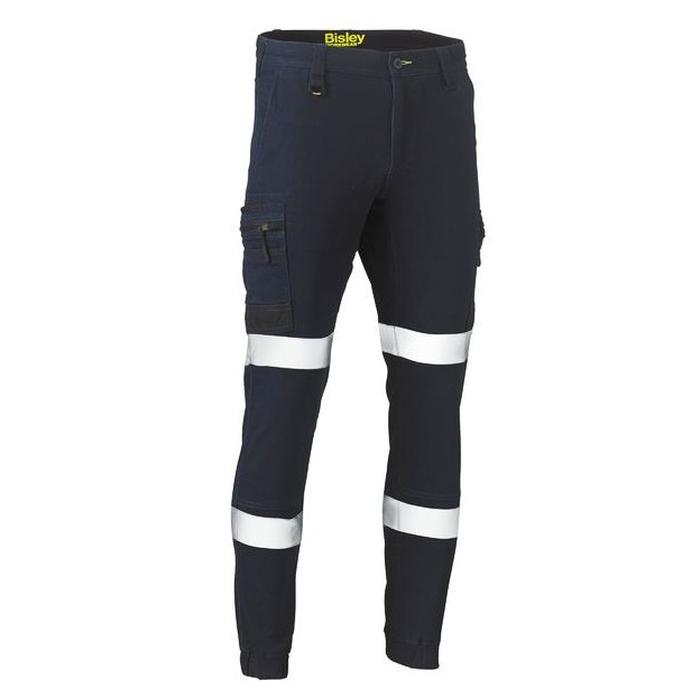 Front view, denim navy blue, side utility pockets, Bisley BPC6335T Flex and Move Taped Stretch Cargo Cuffed Pants