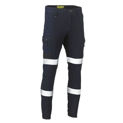 Front view, denim navy blue, side utility pockets, Bisley BPC6335T Flex and Move Taped Stretch Cargo Cuffed Pants