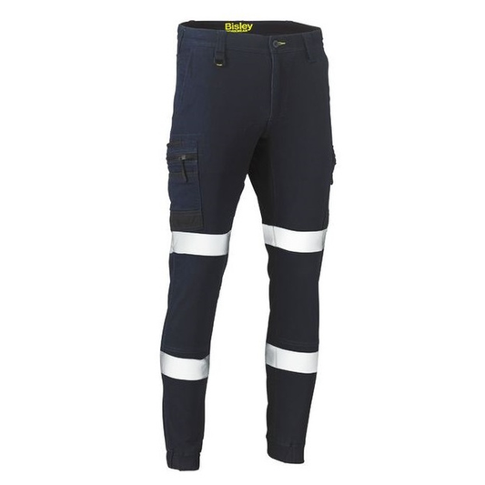 Front view, denim navy blue, side utility pockets, Bisley BPC6335T Flex and Move Taped Stretch Cargo Cuffed Pants