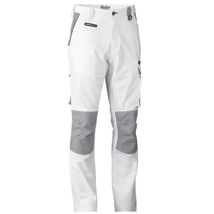 White and gray stretch cotton canvas, Bisley BPC6422 Painters Contrast Cargo Pants, front view