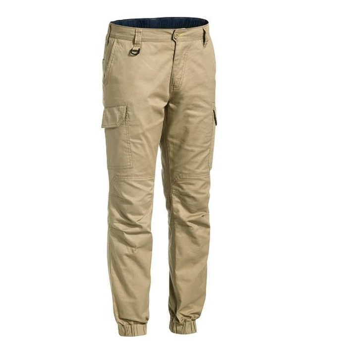 Khaki mens elastic cuffs, Bisley BPC6476 Ripstop Stove Pipe Cargo Pants, front view