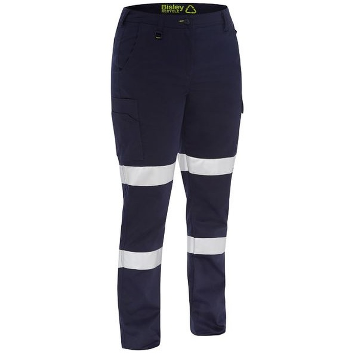 Navy blue high-visibility work pants with reflective tape, modern fit, side pockets, curved waist, front view, Bisley BPCL6088T Womens Taped Biomotion Recycled Cargo Work Pants